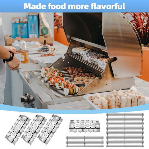 Durable Four Pack Of Stainless Steel Grill Grates And Briquette Trays Built Tough To Fit Turbo Nexgrill with cooked food.