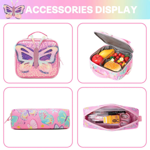 Three-piece pink butterfly rolling backpack set with lunch box and pencil case for girls.