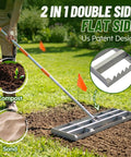 Two In One Lawn Leveling Rake With Dual Flat And Serrated Sides, shown with sand and soil on grass with orange markers.