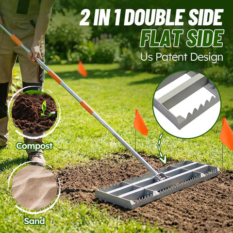 Two In One Lawn Leveling Rake With Dual Flat And Serrated Sides, shown with sand and soil on grass with orange markers.