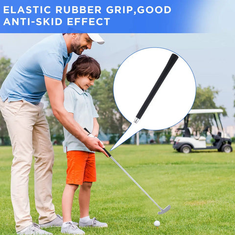 Family practicing golf with Two Way Golf Putter Set With Three Putter Clubs And Six Practice Balls for all ages, showing rubber grip.