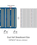 Large Gold Plated Solderable Breadboard Prototype Kit For DIY Electronics Projects Compatible With Arduino Nano ESP8266 NodeMCU And Other MCUs 6 Pack Blue shown in diagram with dimensions and power jumpers
