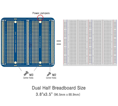 Large Gold Plated Solderable Breadboard Prototype Kit For DIY Electronics Projects Compatible With Arduino Nano ESP8266 NodeMCU And Other MCUs 6 Pack Blue shown in diagram with dimensions and power jumpers