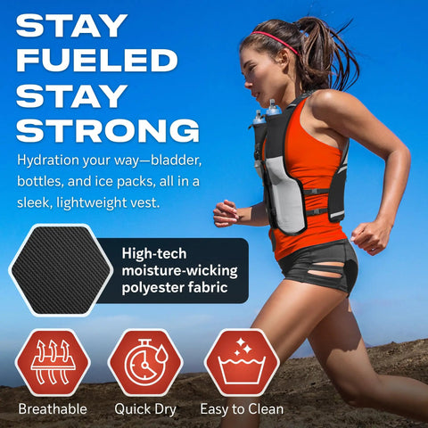 Trail Running Hydration Vest For Men And Women With 2 Water Bottles Bladder Pocket Ice Packs Reflective Gear in use by runner
