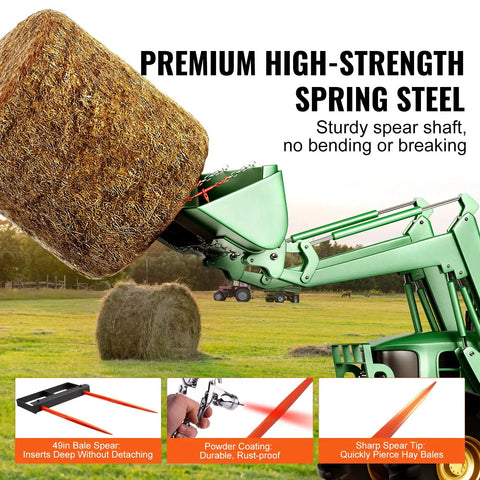 49 Inch Hay Spear for Skid Steer Loader, 3000 Lb Capacity Bale Fork Attachment lifting hay bale