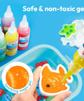 Pouring yellow sparkling gel into sea creature mold from Glow In The Dark Water Gel Kit For Kids With Ten Gels Twelve Sea Creature Molds