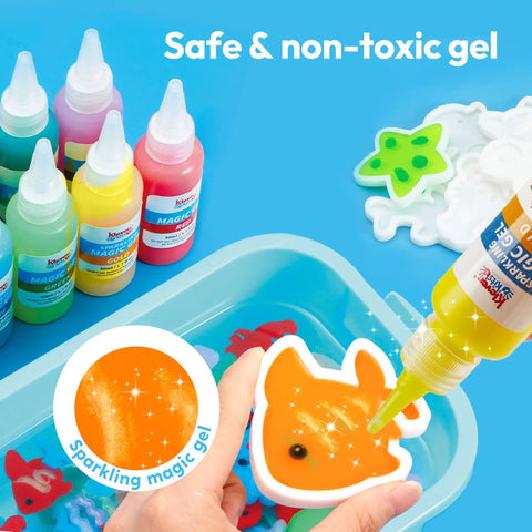 Pouring yellow sparkling gel into sea creature mold from Glow In The Dark Water Gel Kit For Kids With Ten Gels Twelve Sea Creature Molds
