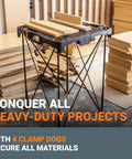 Sidekick Folding Work Table Portable All-In-One Work Bench For DIY Projects shown in garage setting with stack of wood panels.