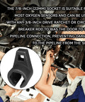 O2 Oxygen Sensor Socket Wrench With Offset Six Point Design For Side Wire Gate Access, black socket tool shown.
