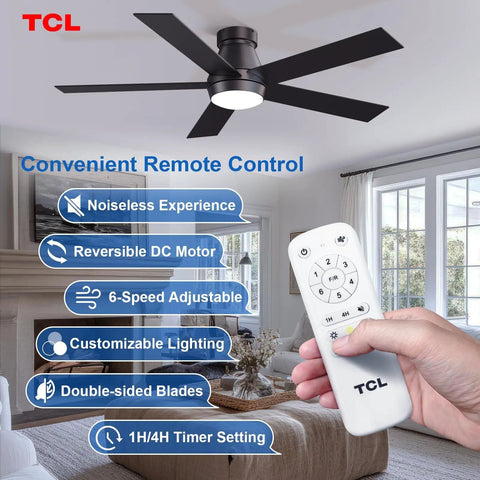 52 Inch Ceiling Fan With Lights Black Flush Mount Remote Control in a modern living room, featuring adjustable lighting and 6 speeds.