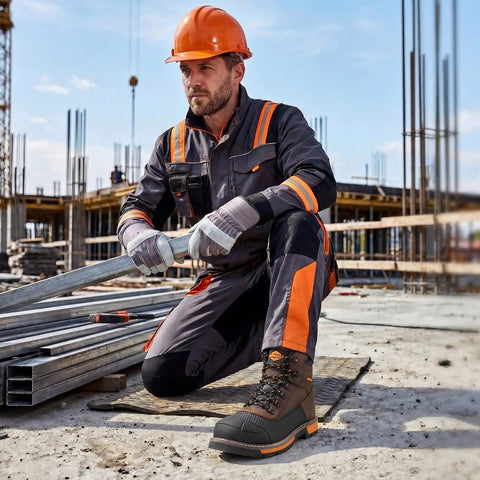 Construction worker wearing Men's Steel Toe Work Boots With Dual Layer Toe Protection And TPU Shield Non Slip Water And Oil Resistant Safety Boots For Industrial Jobs Welding And Warehouse EH Protected And Built To Last on a construction site.