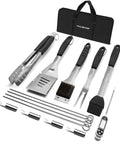 15 Piece Heavy Duty Stainless Steel Grill Tool Set With Long Sixteen And A Half Inch Spatula, Fork, Tongs, Basting Brush, Cleaning Brush