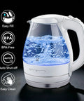 1.5 Liter Glass Electric Kettle With Blue Led Glow Rapid Boil Auto Shutoff showing boiling water with BPA-free design and easy fill feature.