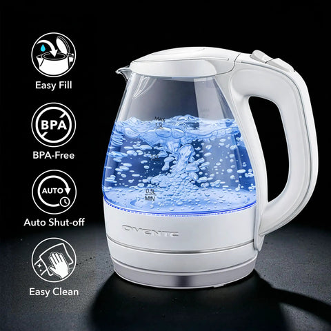 1.5 Liter Glass Electric Kettle With Blue Led Glow Rapid Boil Auto Shutoff showing boiling water with BPA-free design and easy fill feature.