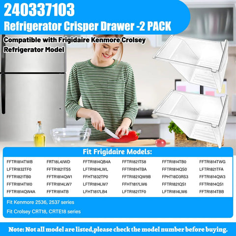 2 Pack Upgraded Refrigerator Crisper Drawers Bins Replacement For Frigidaire And Kenmore with model fit list and woman slicing vegetables