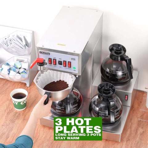 High Volume 12 Cup Auto Filling Drip Coffee Maker With Three Glass Carafes And Three Warmers Heavy Duty Stainless Steel Pour Over Brewer With Hot Water Supply For Restaurant Office Cafe And Busy Break Rooms