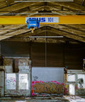 20X10FT Polyester Fabric Abandoned Industrial Warehouse Crane Graffiti Backdrop Featuring Straight Authentic Urban Decay Factory Interior with large yellow crane overhead.