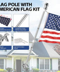 Heavy Duty 5 Ft Flag Pole Kit With 3x5 American Flag For Outdoors Rugged Stainless Steel Aluminum Flagpole With Multi Position Bracket Rust Resistant And Weatherproof Ready To Fly In Wind And Rain Outdoor Flag Set displayed in front of house.