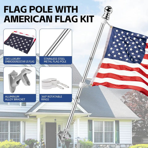 Heavy Duty 5 Ft Flag Pole Kit With 3x5 American Flag For Outdoors Rugged Stainless Steel Aluminum Flagpole With Multi Position Bracket Rust Resistant And Weatherproof Ready To Fly In Wind And Rain Outdoor Flag Set displayed in front of house.