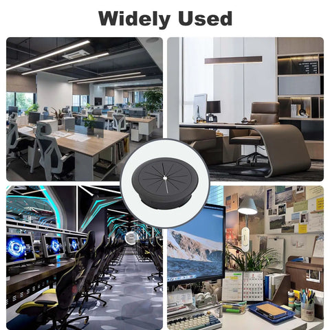 Super Sleek Two Inch Desk Grommet Cable Hole Covers To Tame Messy Office Wires in various workspace settings.