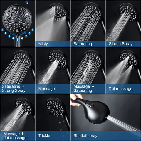 High Pressure Handheld Shower Head With Ten Spray Settings And Detachable Five Foot Hose Adjustable Bracket Built In Power Wash For Cleaning Tub Tile And Pets Boss Level Spa Vibe Rain Massage Mist And Pulse Modes Easy Switch showcasing various spray settings diagram.