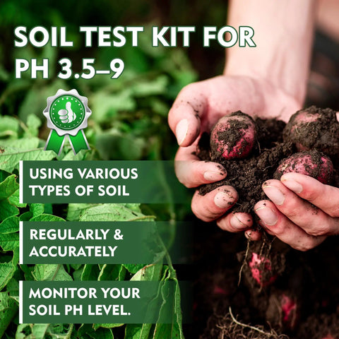 Person holding soil with red roots, text overlay with Soil PH Test Kit With Tubes And 100 Strips For Accurate 3.5 To 9 PH Readings