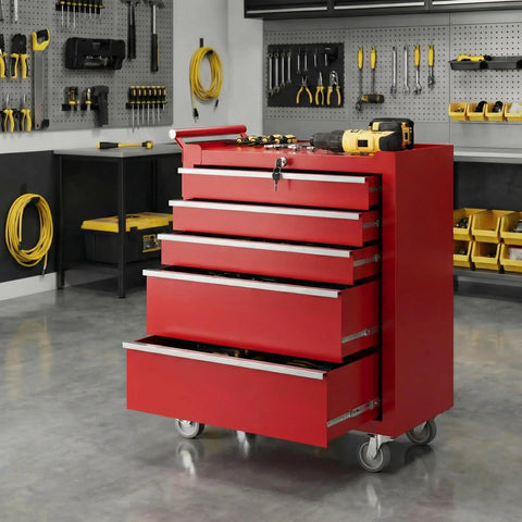Five Drawer Rolling Tool Chest With Wheels And Central Lock System, Pro Grade Secure Storage Cabinet For Warehouse, Workshop, And Repair Shop, Portable Tool Box On Casters, Heavy Duty Red in workshop
