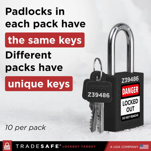 Lockout Tagout Padlocks Set Of 10 Black Keyed Alike Safety Locks With 2 Keys Each, OSHA Compliant LOTO Locks Close-up View