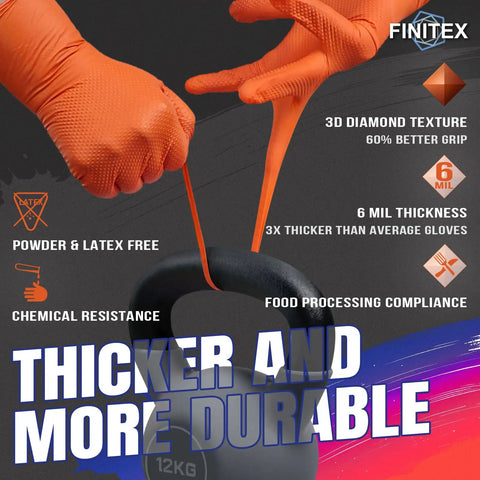 Heavy Duty Orange Nitrile Workhorse Gloves 6.3 Mil Thick Puncture Resistant Safety For handling tools with enhanced grip.