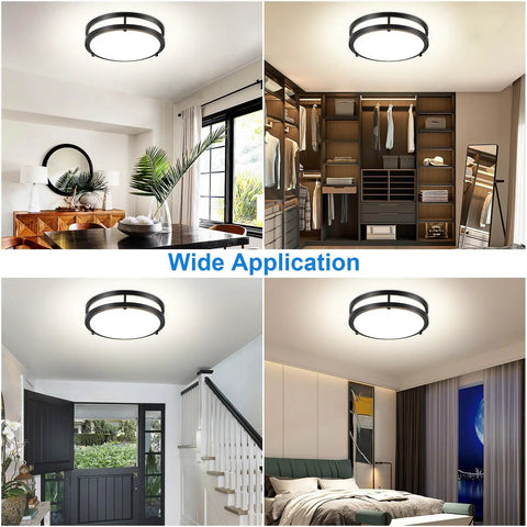 65W Dimmable LED Flush Mount Ceiling Light With Remote in various home settings, 32 Inch Oval Black Fixture, Brush Nickel Finish