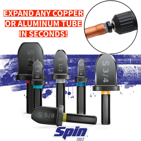 Five Piece Drill Bit Swaging Tool Set for Copper and Aluminum Tubing Quick Flare Expansion shown with copper tube.