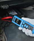 Digital Clamp Meter With U Shaped Jaw For AC And DC Current And Voltage Auto Range 4000 Counts Large Backlit LCD in use on car battery