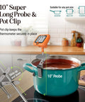 Hands Free Digital Candy Thermometer With Pot Clip, 10 Inch Stainless Steel Probe in a pot clip on green pot with LCD display