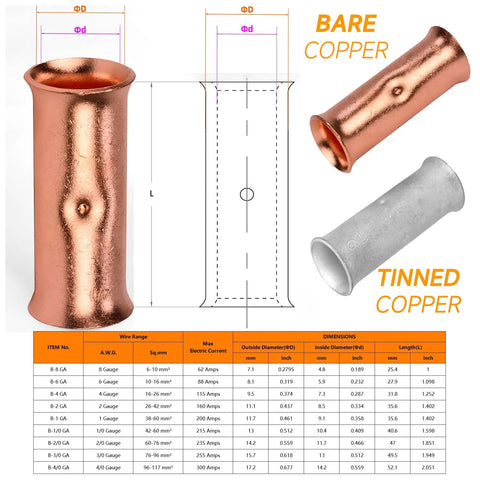 0 Gauge Bare Copper Butt Splice Connectors Kit showing bare and tinned seamless barrel and dimensions chart