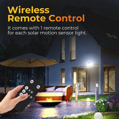 Ultra Bright Solar Motion Sensor Outdoor Lights With Remote 3 Modes LED Security Flood Light installed on house wall