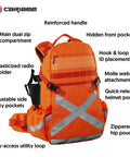 Hi Vis Orange Safety Backpack With Reflective Panels, Adjustable Hard Hat Holder, and Bottle Holders, front view with pockets