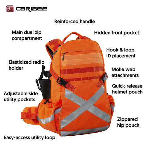 Hi Vis Orange Safety Backpack With Reflective Panels, Adjustable Hard Hat Holder, and Bottle Holders, front view with pockets