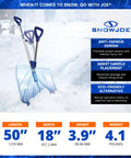 Blue Shovelution Strain Reducing Ice Remover With Assist Handle 18 Inch Heavy Duty Snow Shovel next to product description board