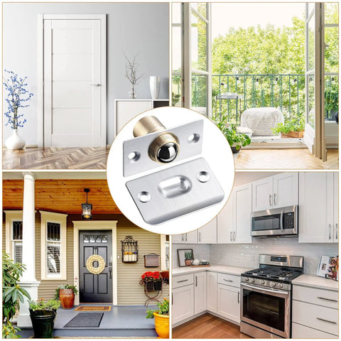 16 Pack Adjustable Closet Door Ball Catch Hardware Set With Stainless Steel Strike Plates And Screws installed on various doors