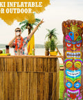 5 Ft Inflatable Tiki Decoration For Outdoor Luau Party With Built In LED Lights Flamingo And Palm Trees Blow Up Tiki Totem Yard Decor For Summer Beach Parties And Poolside Vibes Hawaiian Aloha Celebration Ready, featuring tiki design near tiki bar.