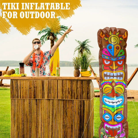 5 Ft Inflatable Tiki Decoration For Outdoor Luau Party With Built In LED Lights Flamingo And Palm Trees Blow Up Tiki Totem Yard Decor For Summer Beach Parties And Poolside Vibes Hawaiian Aloha Celebration Ready, featuring tiki design near tiki bar.