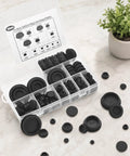 195 Pcs Black Silicone Hole Plugs Assortment Kit With Storage Box For Wire Gaps In Automotive Furniture Cabinet Electrical DIY Sealing And Cable Management Projects Big Flexible Grommet Covers To Fix Messy Holes Super Easy Install, open box