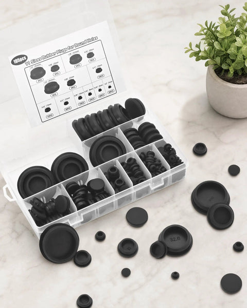 195 Pcs Black Silicone Hole Plugs Assortment Kit With Storage Box For Wire Gaps In Automotive Furniture Cabinet Electrical DIY Sealing And Cable Management Projects Big Flexible Grommet Covers To Fix Messy Holes Super Easy Install, open box