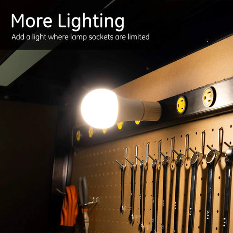 Polarized Socket Adapter 5 Pack Converts Outlets To Lamp Sockets For Workshop Garage Or Utility Room Light Almond Finish UL Listed No Hassle Plug In Lighting Upgrade installed in workshop.