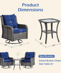 Three Piece Outdoor Patio Set With 360 Degree Swivel Rocking Chairs And Rattan Side Table dimensions illustration