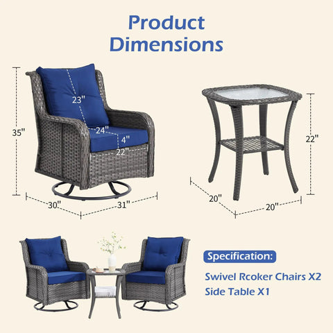 Three Piece Outdoor Patio Set With 360 Degree Swivel Rocking Chairs And Rattan Side Table dimensions illustration