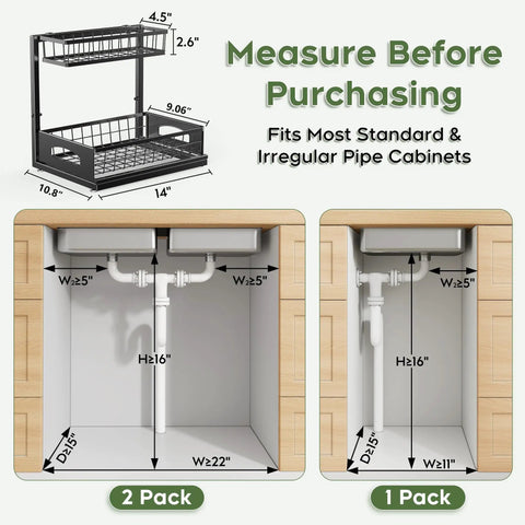 No Sweat Heavy Duty Under Sink Organizer Two Pack L Shaped Metal Pull Out Drawers For Kitchen Cabinets dimensions diagram for fitting under sinks.
