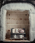 Ceramic fiber insulation blanket installed inside a kiln; white lining and mugs on a two-tier rack