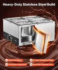 Heavy Duty Commercial Chocolate Melting Machine, Four Tank Water Bath Heater, front view with stainless steel build and four tanks.