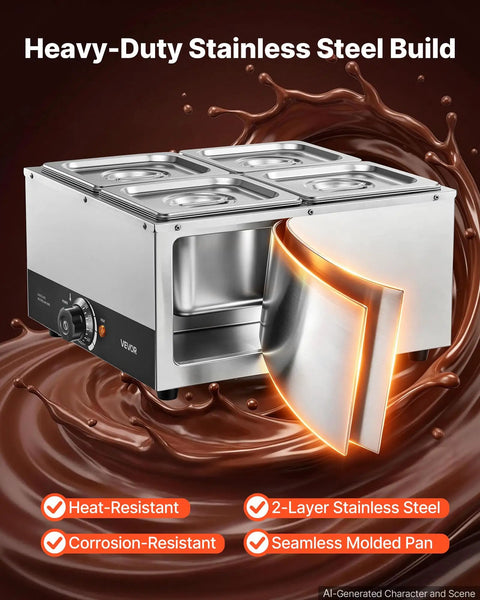 Heavy Duty Commercial Chocolate Melting Machine, Four Tank Water Bath Heater, front view with stainless steel build and four tanks.